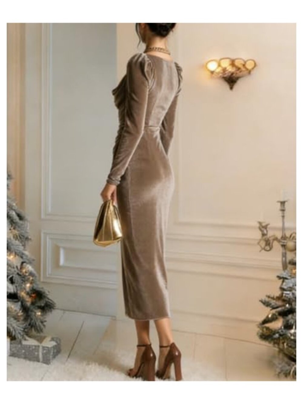 Velvet Cowl Neck Long Sleeve Bodycon Midi Cocktail Dress - Picture 3 of 5